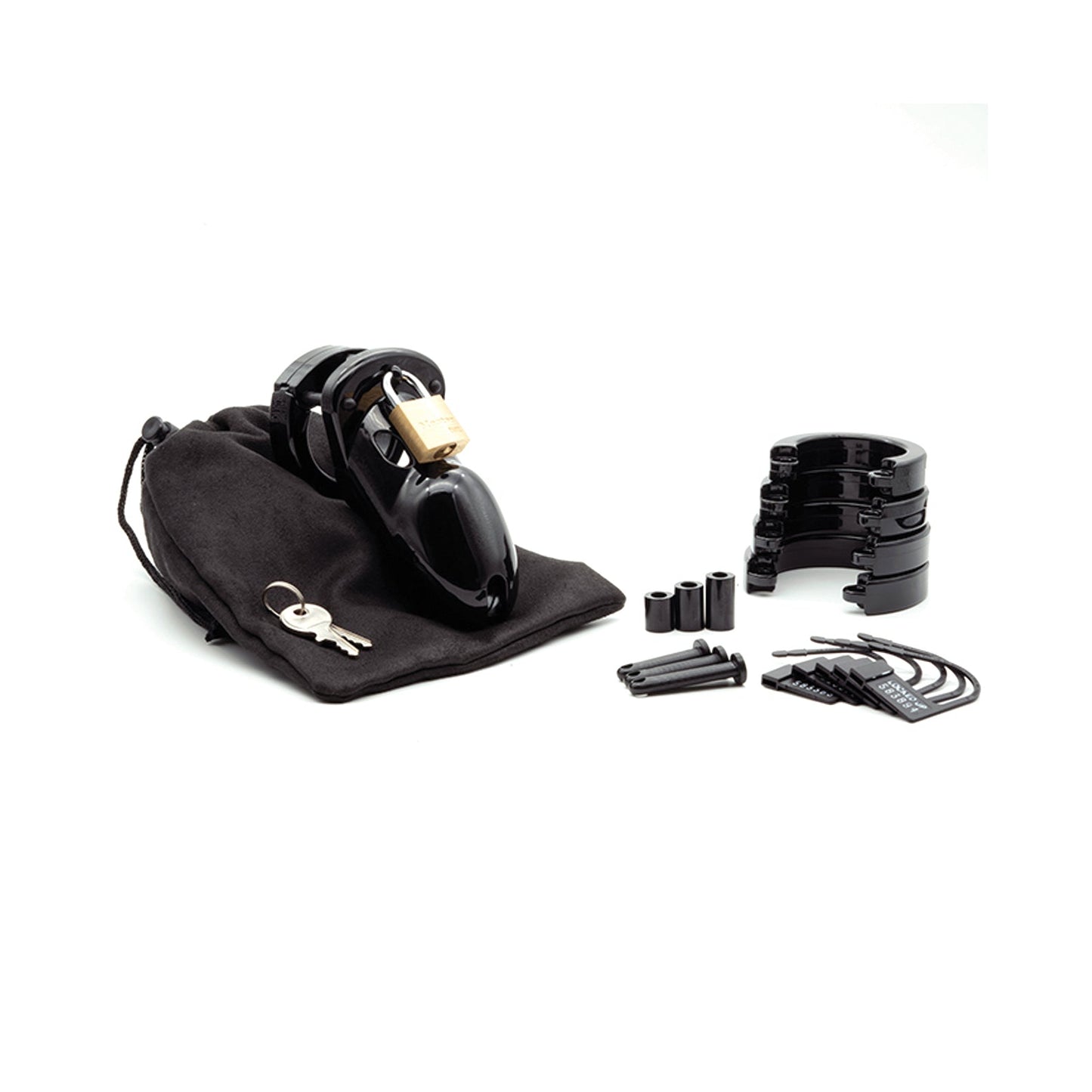 The CB-6000S CB-3000 3 Cock Cage & Lock Set includes a black device with multiple ring sizes, a padlock and two keys, spacers, and a sleek black storage pouch on a pristine white background.