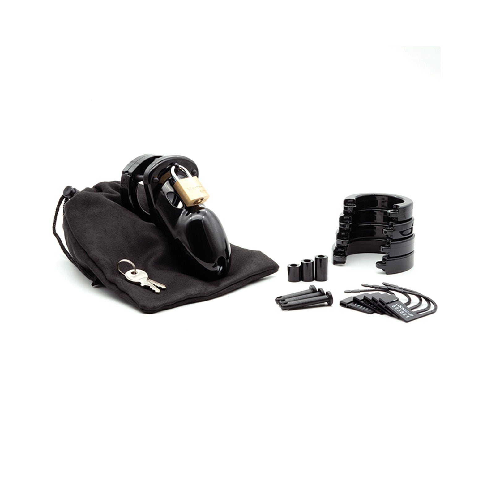The CB-6000S CB-3000 3 Cock Cage & Lock Set includes a black device with multiple ring sizes, a padlock and two keys, spacers, and a sleek black storage pouch on a pristine white background.
