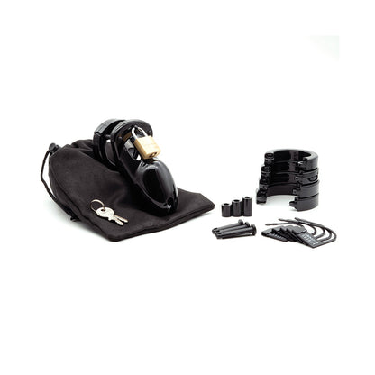 The CB-6000S CB-3000 3 Cock Cage & Lock Set includes a black device with multiple ring sizes, a padlock and two keys, spacers, and a sleek black storage pouch on a pristine white background.