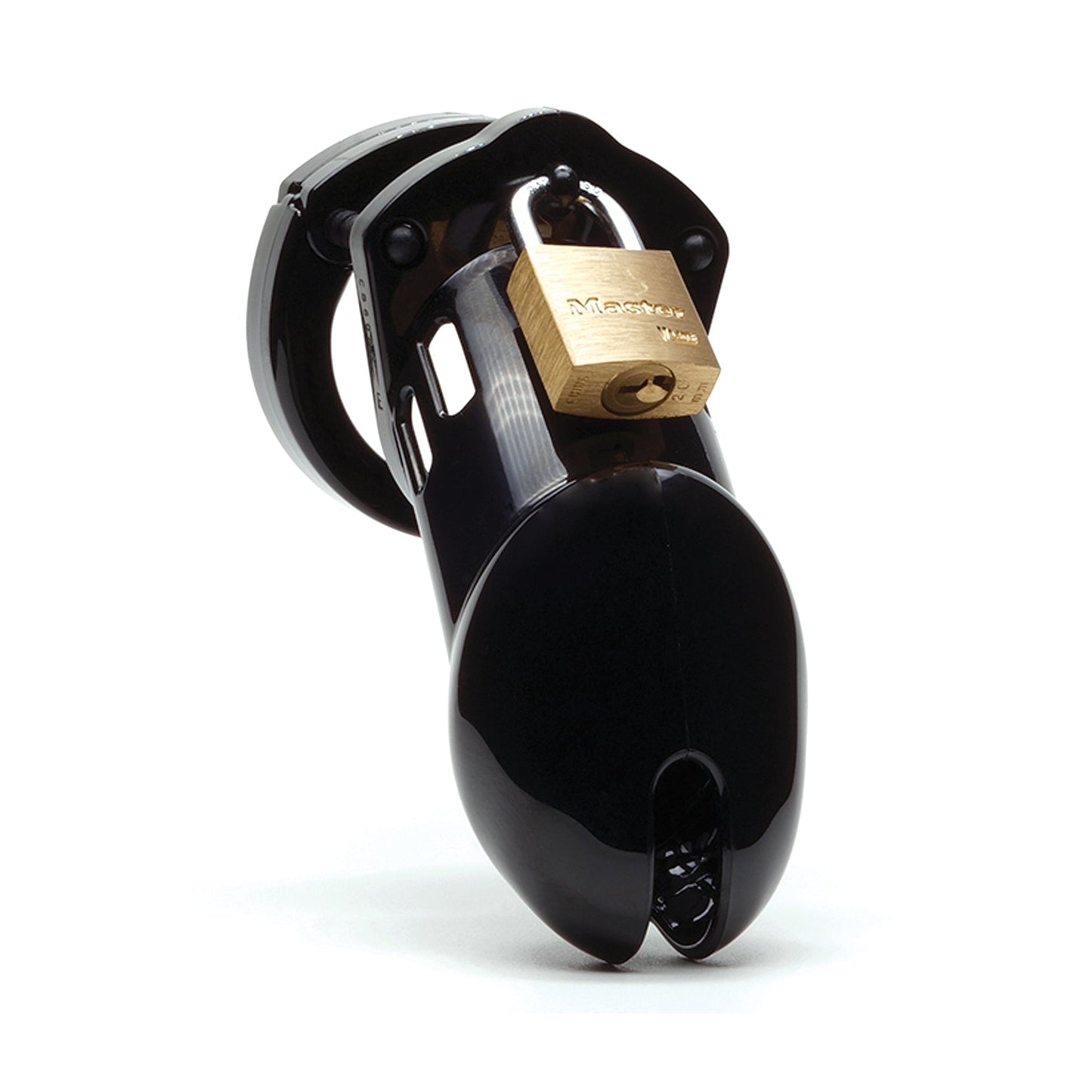 The CB-6000 3 1/4 Cock Cage & Lock Set by CB-6000S is elegantly secured with a brass padlock. It boasts a sleek, smooth design with side slots and a split tip, ensuring both function and discretion.