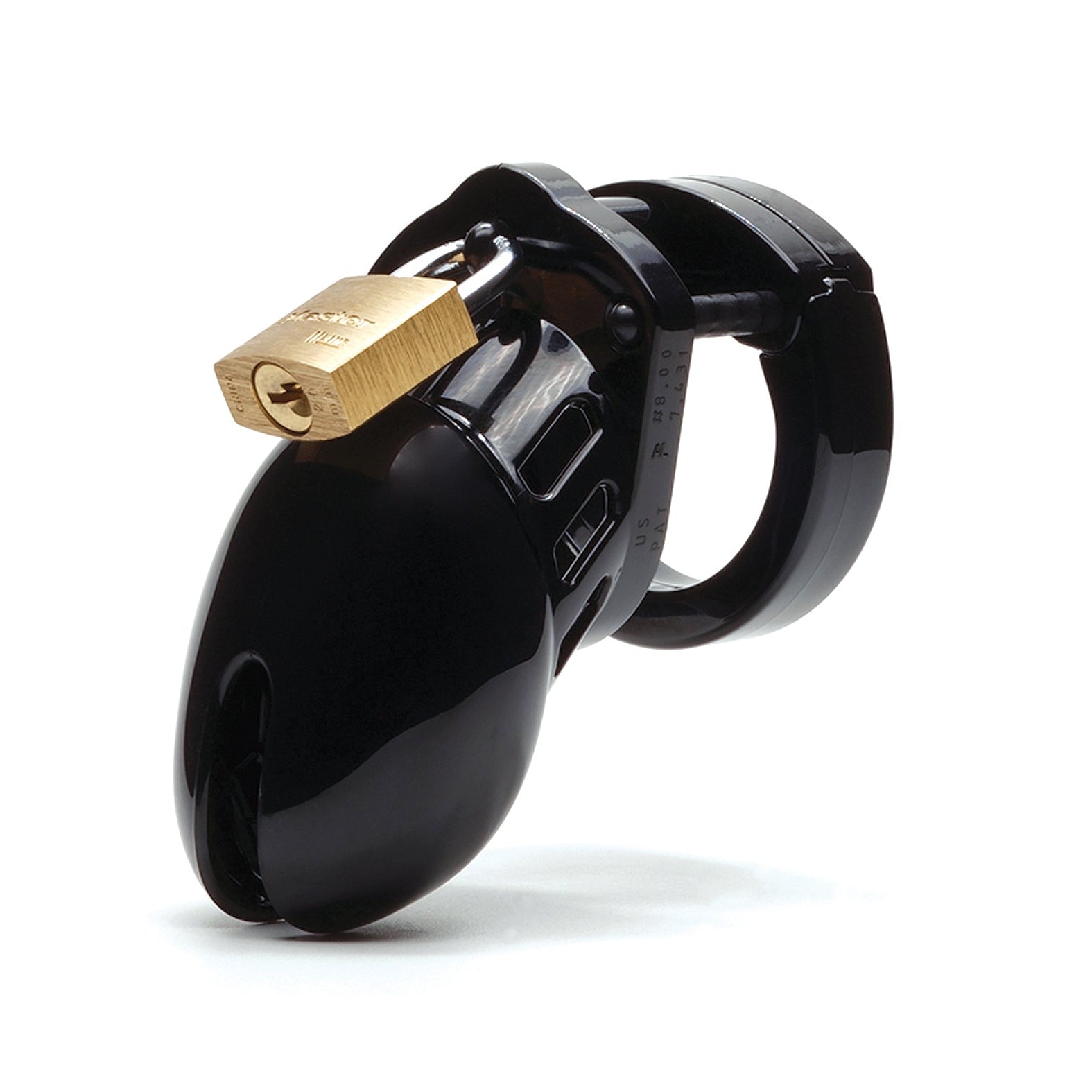 The CB-6000S 2 1/2 Cock Cage & Lock Set - Black is an ergonomic black chastity device crafted from medical-grade polycarbonate with a glossy finish. It comes with a golden padlock for enhanced security, ensuring both comfort and durability.