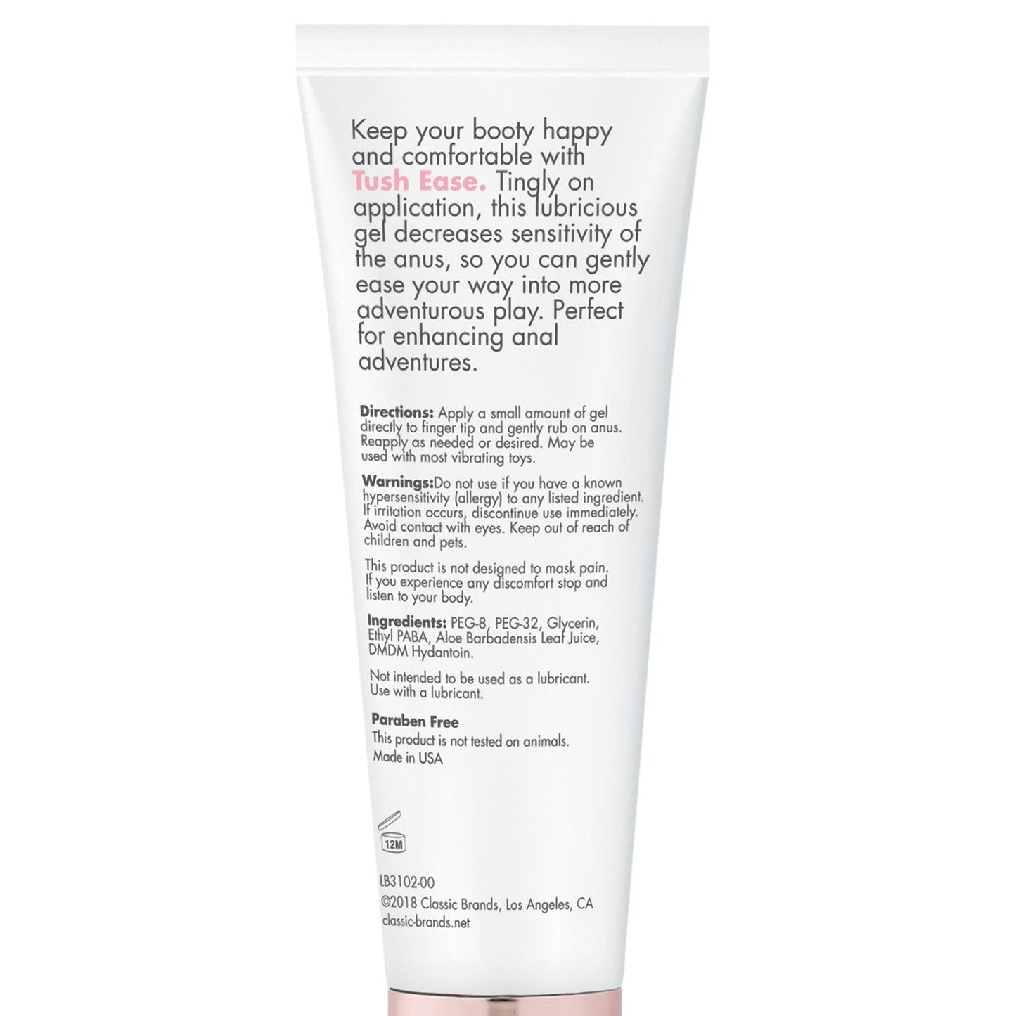 The image displays the back of a CGC Tush Ease Anal Gel tube, highlighting product details, directions, warnings, and a paraben-free ingredient list. The packaging states that Classic Brands in Los Angeles, CA manufactures it.