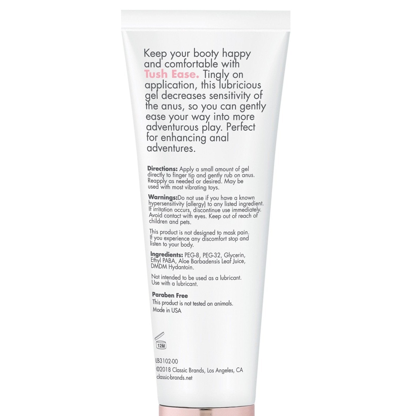 The image displays the back of a CGC Tush Ease Anal Gel tube, highlighting product details, directions, warnings, and a paraben-free ingredient list. The packaging states that Classic Brands in Los Angeles, CA manufactures it.