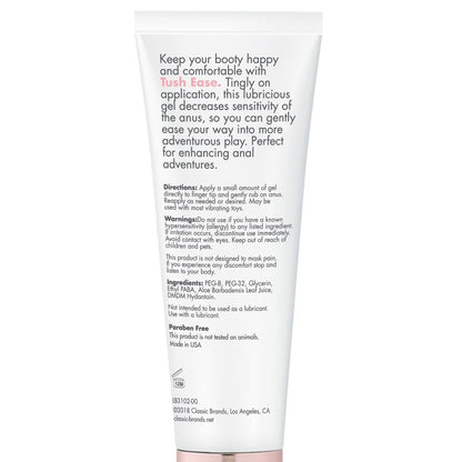 The image displays the back of a CGC Tush Ease Anal Gel tube, highlighting product details, directions, warnings, and a paraben-free ingredient list. The packaging states that Classic Brands in Los Angeles, CA manufactures it.