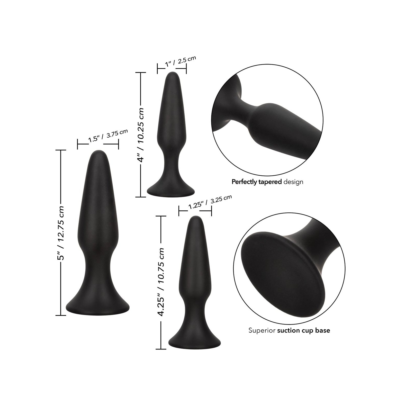 Image of the COLT Silicone Anal Trainer Kit by California Exotic Novelties, highlighting three body-safe silicone anal plugs ranging from 4 to 5 inches in height. Each plug features a perfectly tapered design and a superior suction cup base with measurement annotations included.