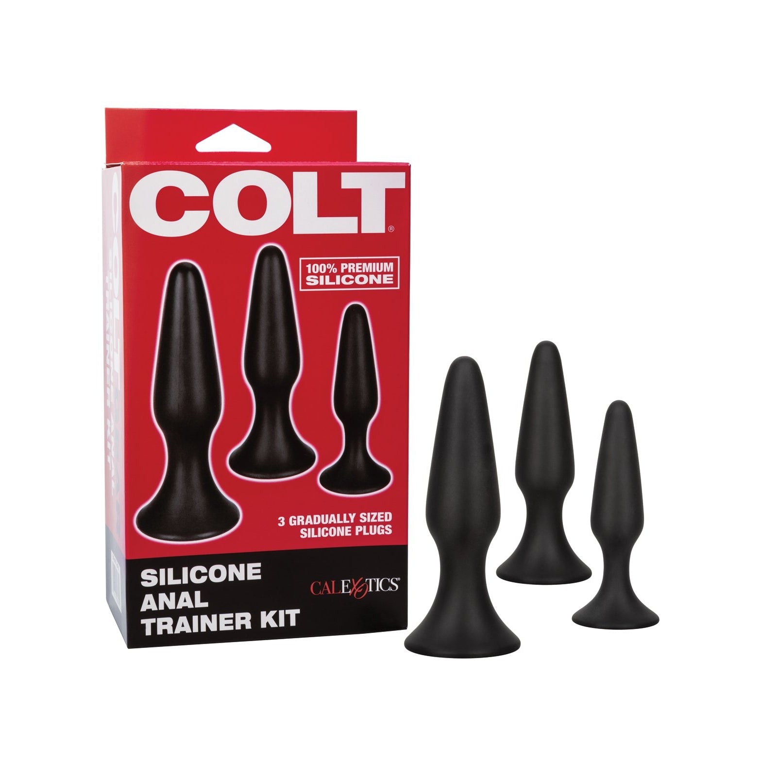 A box labeled COLT Silicone Anal Trainer Kit by California Exotic Novelties sits beside three black anal plugs of varying sizes, with packaging showcasing images of the plugs and stating they are crafted from 100% body-safe silicone.