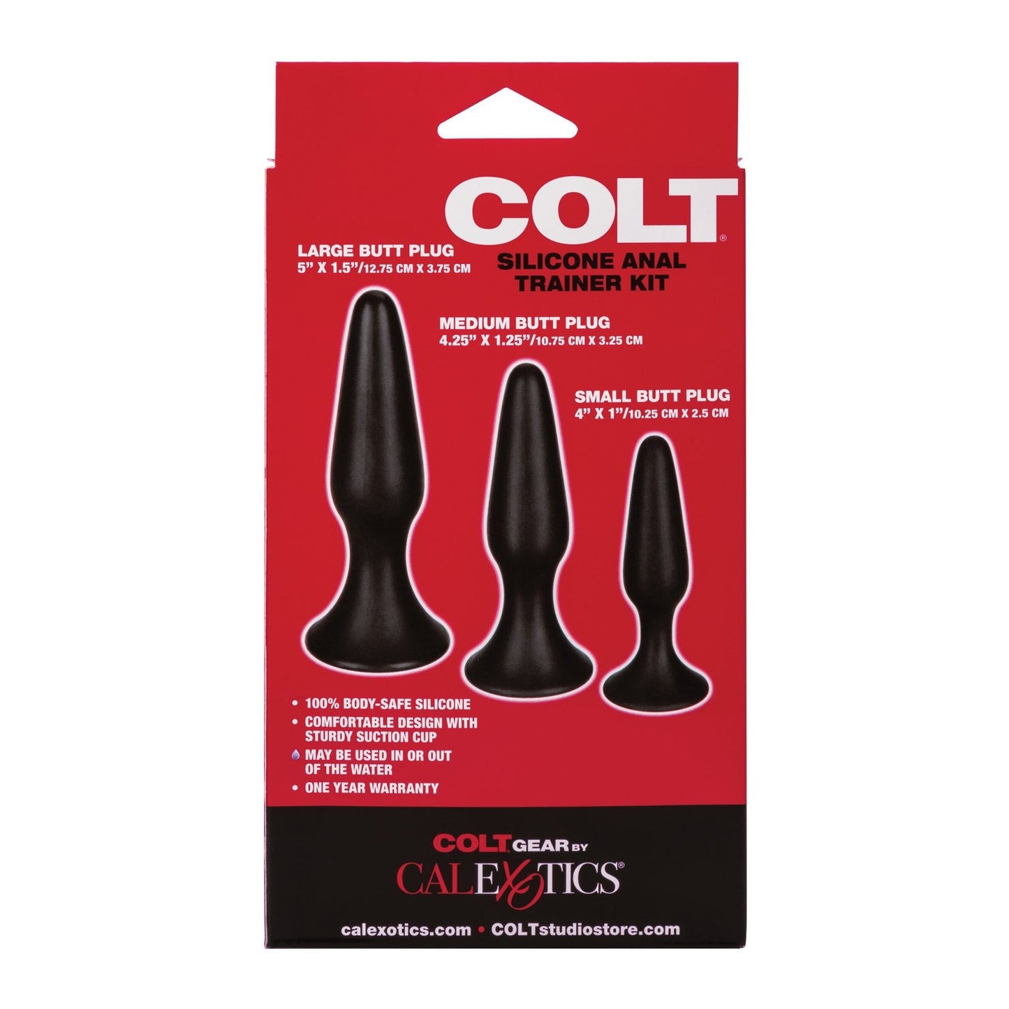 The COLT Silicone Anal Trainer Kit by California Exotic Novelties, presented in a red and black box, includes large, medium, and small anal plugs. It features 100% body-safe silicone and offers a one-year warranty for safe and comfortable use.
