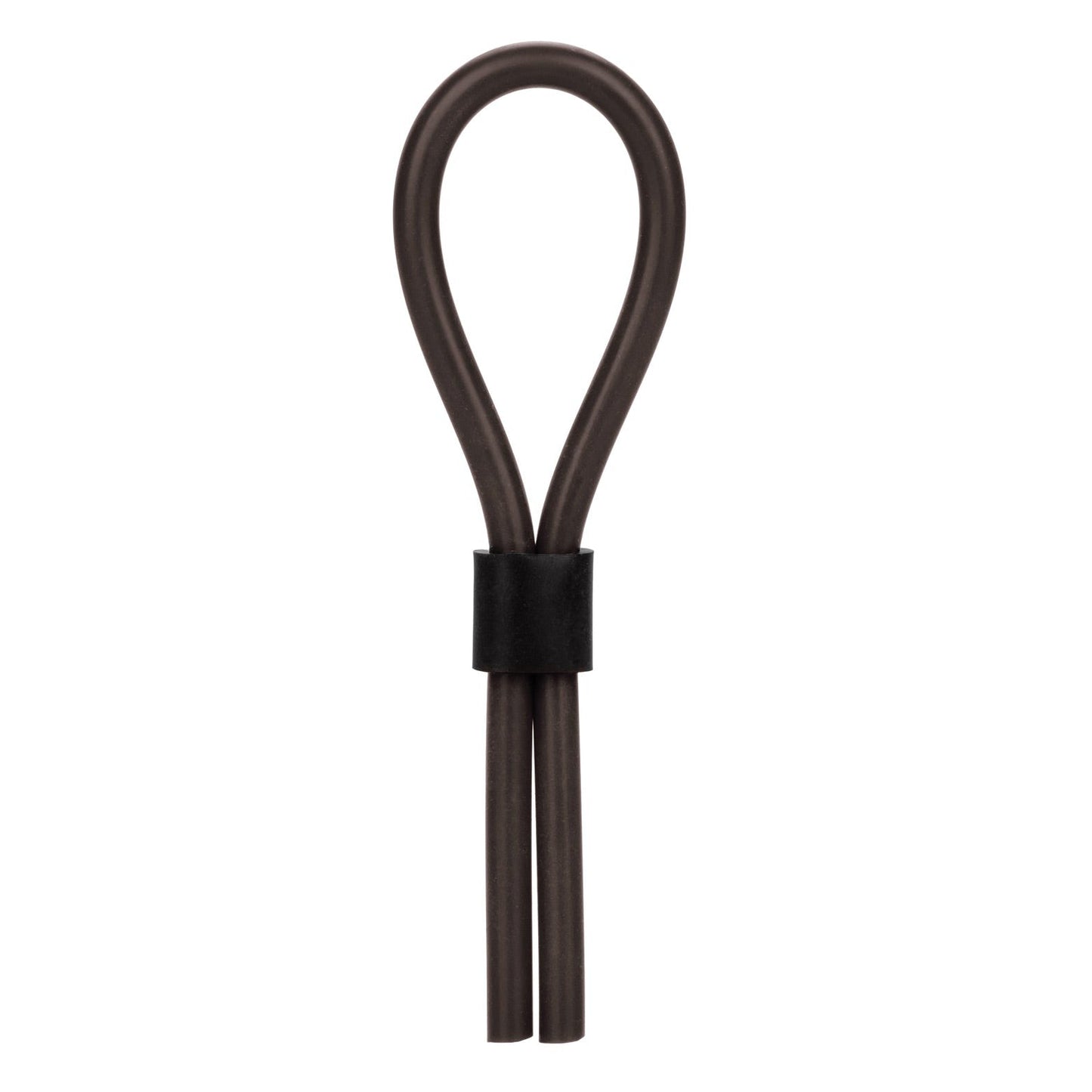 The California Exotic Silicone Stud Lasso from California Exotic Novelties features a black metal loop, resembling a large twist tie with a securing band, designed to enhance stamina and promote long-lasting erections with its sleek, symmetrical teardrop shape.