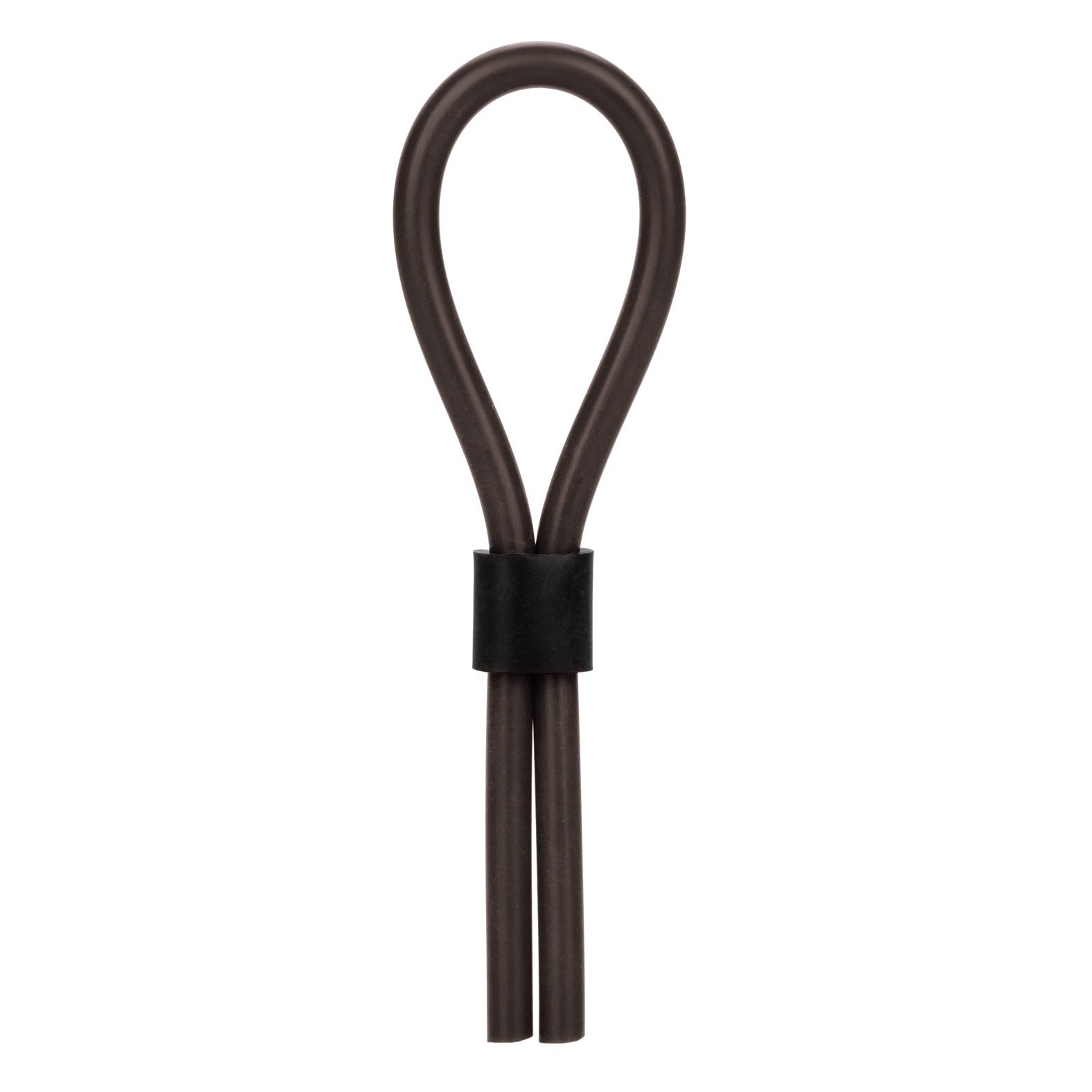 The California Exotic Silicone Stud Lasso from California Exotic Novelties features a black metal loop, resembling a large twist tie with a securing band, designed to enhance stamina and promote long-lasting erections with its sleek, symmetrical teardrop shape.