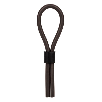 The California Exotic Silicone Stud Lasso from California Exotic Novelties features a black metal loop, resembling a large twist tie with a securing band, designed to enhance stamina and promote long-lasting erections with its sleek, symmetrical teardrop shape.