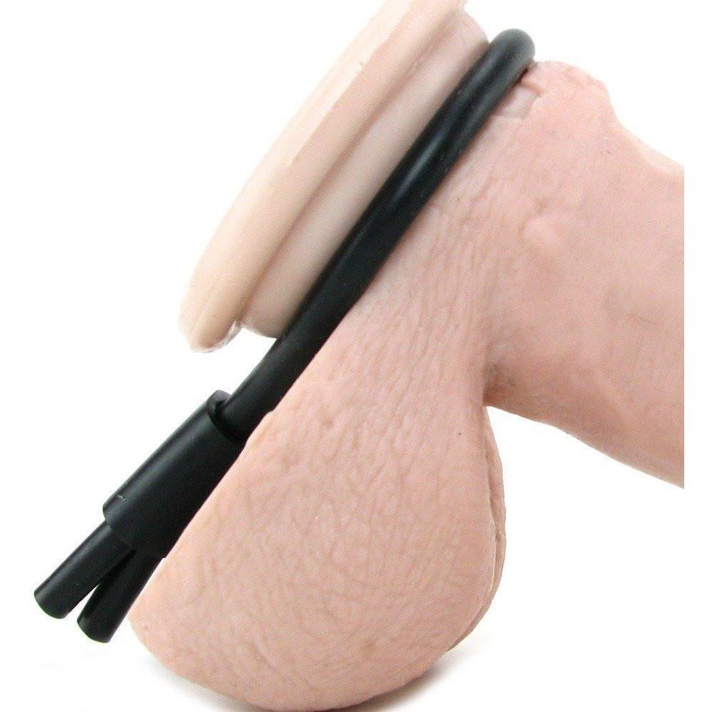 The image showcases the California Exotic Silicone Stud Lasso, featuring an adjustable black cord around a flesh-toned model. Designed for secure fit, this California Exotic Novelties product enhances stamina and promotes long-lasting erections.