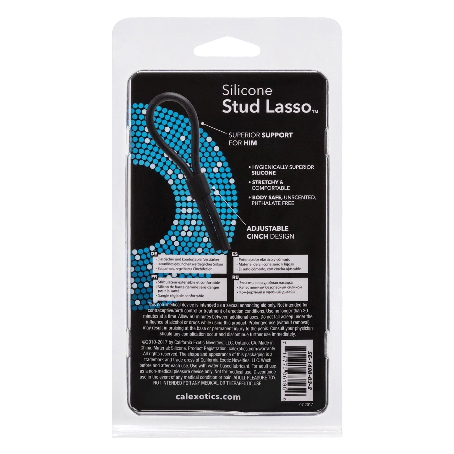 Packaging for the California Exotic Silicone Stud Lasso features a black product image, highlighting hygiene, strength, comfort, and adjustable cinch design for enhanced stamina. Brand details and usage instructions are provided at the bottom.