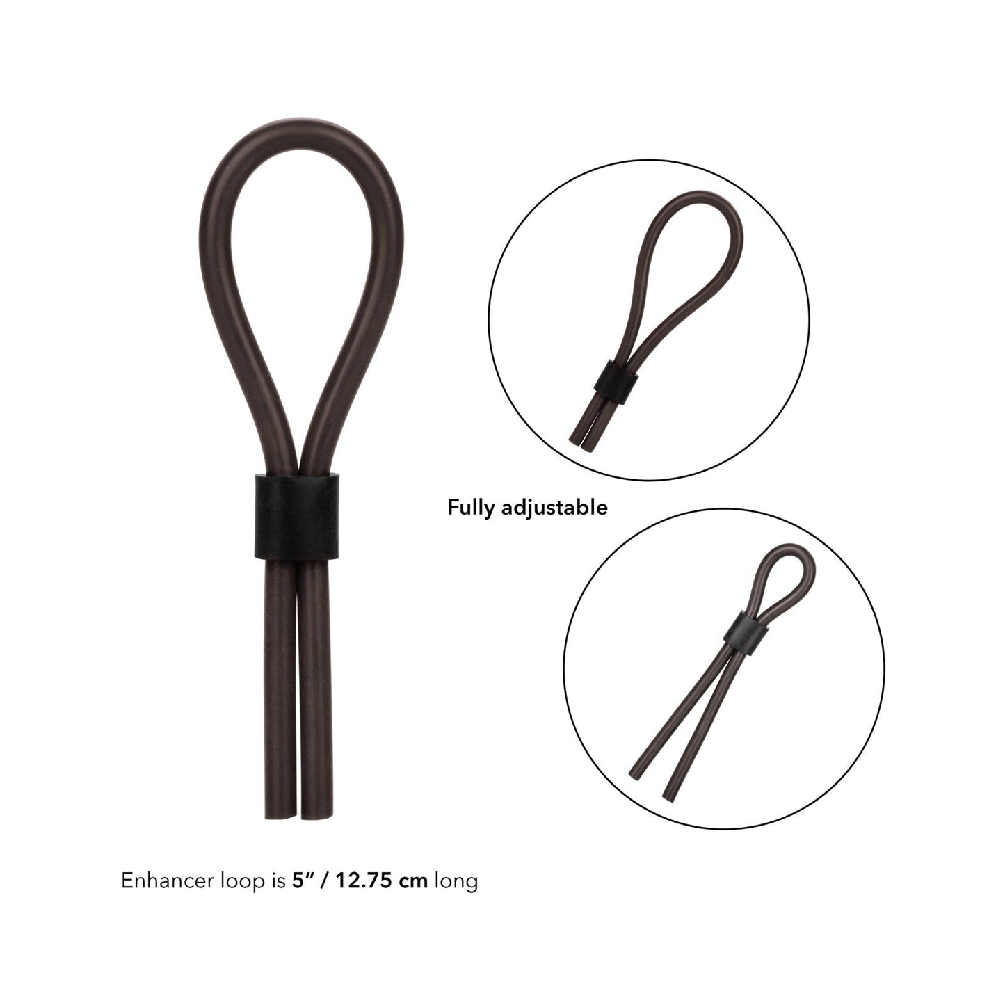 Image of the California Exotic Silicone Stud Lasso by California Exotic Novelties, a dark brown adjustable 5-inch (12.75 cm) loop for supporting prolonged erections. The main image shows the black sliding adjustment piece, with insets displaying various positions of this silicone enhancing tool.