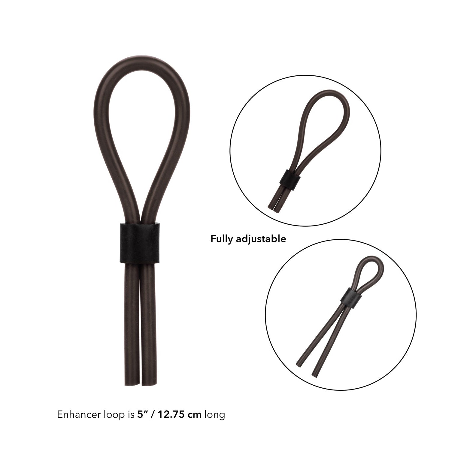 Image of the California Exotic Silicone Stud Lasso by California Exotic Novelties, a dark brown adjustable 5-inch (12.75 cm) loop for supporting prolonged erections. The main image shows the black sliding adjustment piece, with insets displaying various positions of this silicone enhancing tool.
