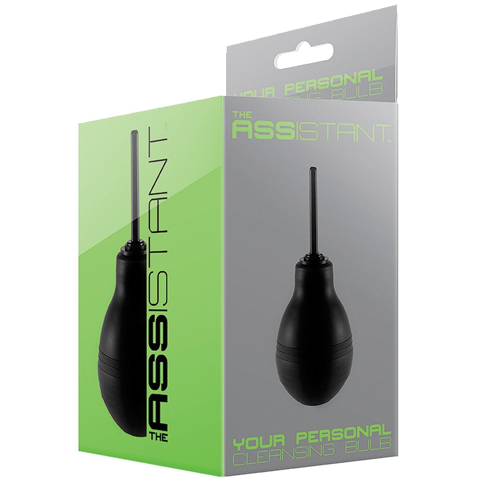 The packaging for the Cleanline Personal Cleansing Enema Bulb by Adams Toy Box showcases a phthalate-free bulb design with a sleek black bulb and thin nozzle. The green and grey box highlights portable anal hygiene, featuring the product name and description clearly.