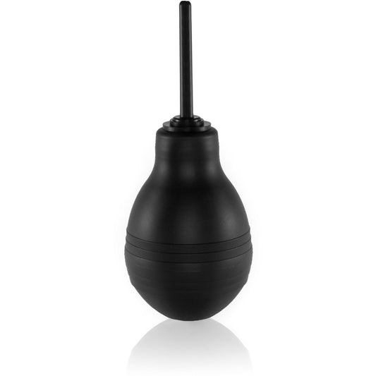 The Cleanline Personal Cleansing Enema Bulb by Adams Toy Box is a black phthalate-free bulb with a nozzle, ideal for portable anal hygiene or dusting, standing upright against a white background.