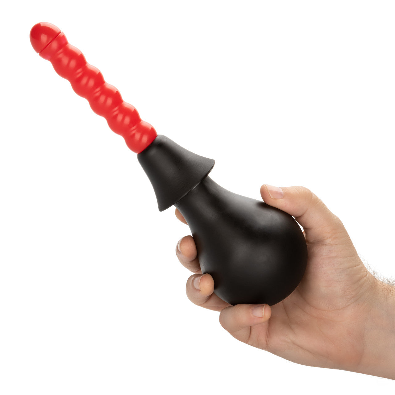 A hand holds the Colt Anal Douche by California Exotic Novelties, featuring a black bulb and red ribbed nozzle, ideal for intimate hygiene or backdoor exploration.