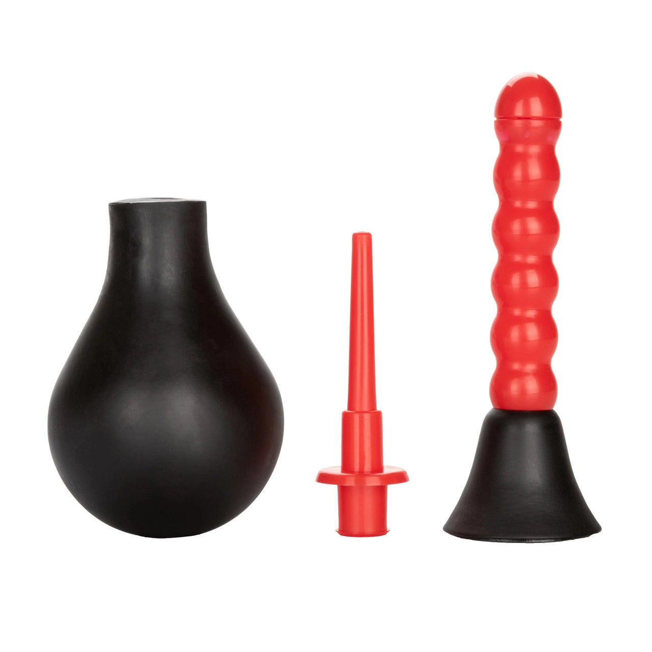 The Colt Anal Douche by California Exotic Novelties, featuring a black bulb-shaped rubber object, red narrow nozzle, and red ribbed rod with black suction cup base, is displayed upright against a white background, suggesting tools for backdoor fun.