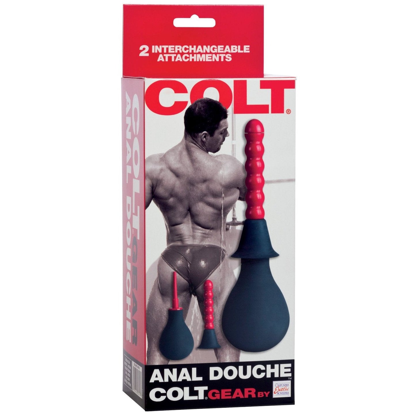 The packaging for California Exotic Novelties Colt Anal Douche, featuring two interchangeable red attachments for hygiene, displays a muscular figure from the back along with the product to highlight its design.