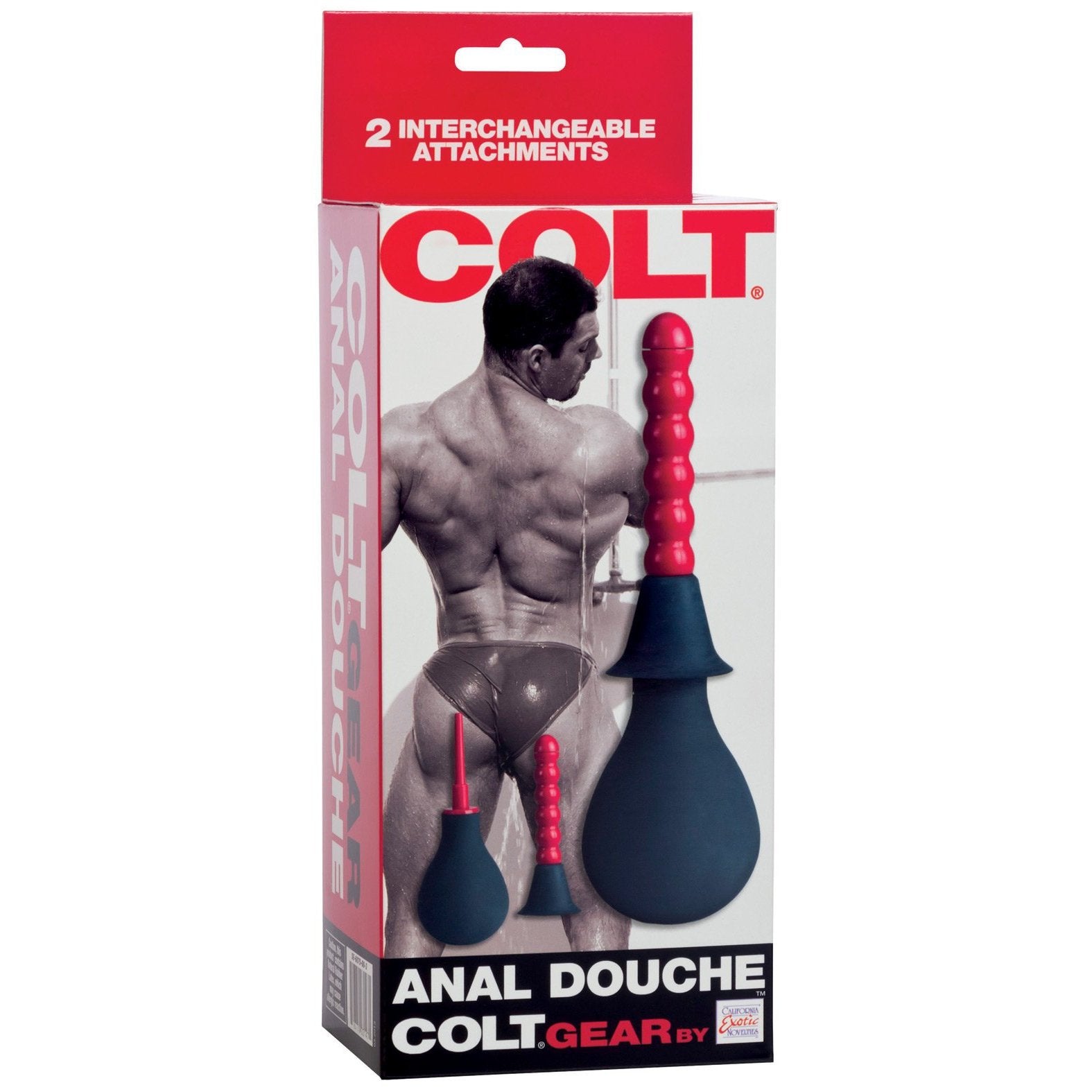 The packaging for California Exotic Novelties Colt Anal Douche, featuring two interchangeable red attachments for hygiene, displays a muscular figure from the back along with the product to highlight its design.
