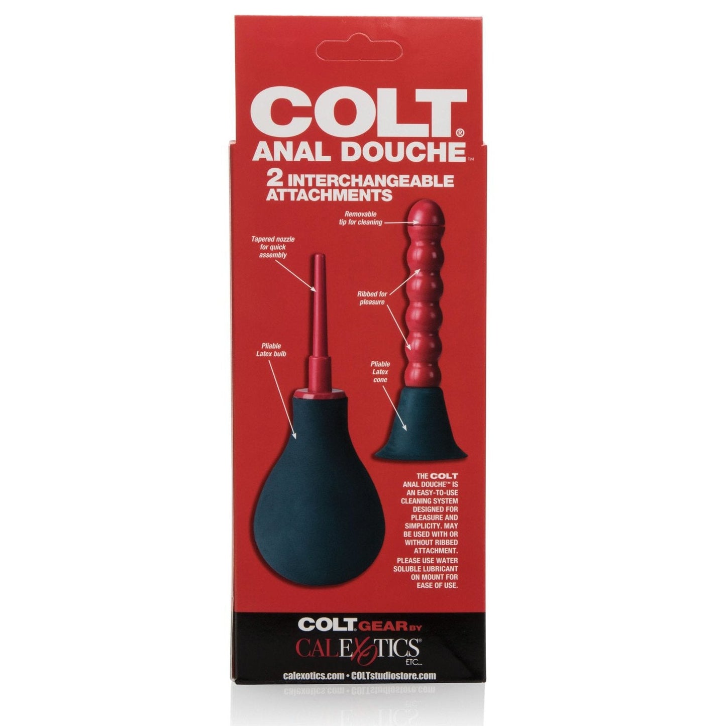 The Colt Anal Douche by California Exotic Novelties comes in a red and black box with two attachments: a tapered nozzle and a flexible latex beaded probe, ideal for backdoor fun and intimate hygiene.