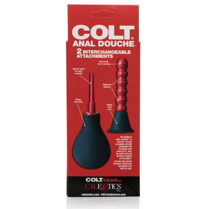 The Colt Anal Douche by California Exotic Novelties comes in a red and black box with two attachments: a tapered nozzle and a flexible latex beaded probe, ideal for backdoor fun and intimate hygiene.