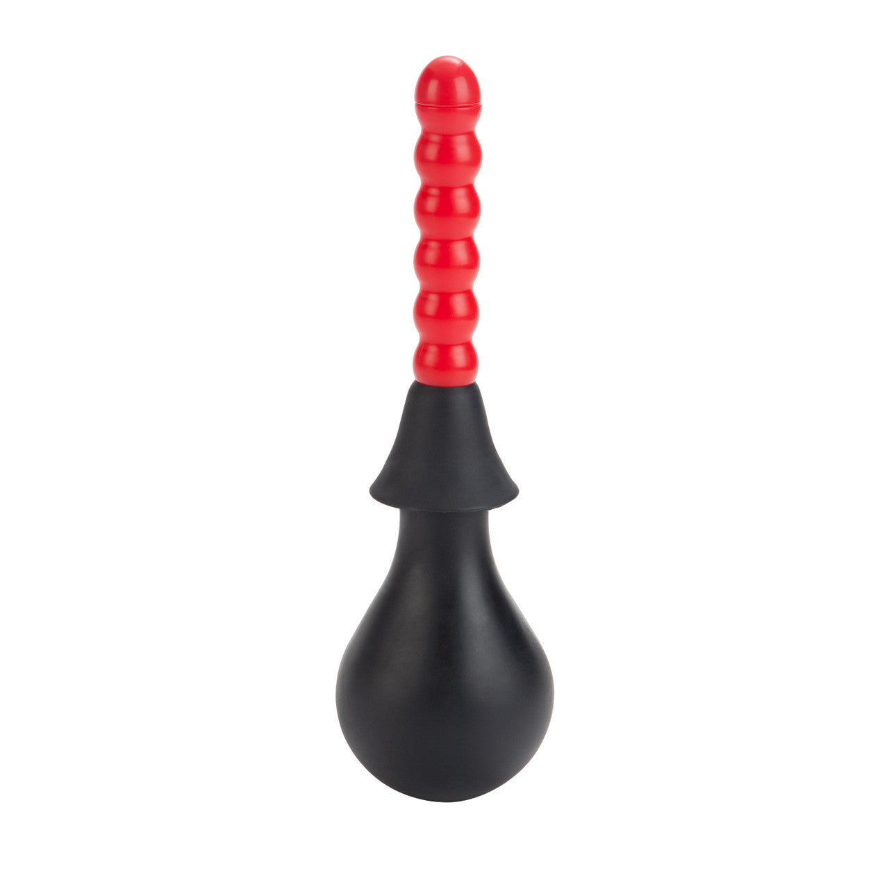 The Colt Anal Douche by California Exotic Novelties is a sleek black bulb with a long, ribbed red nozzle, ideal for intimate hygiene.