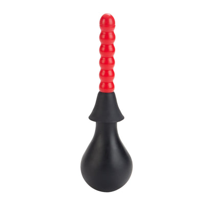 The Colt Anal Douche by California Exotic Novelties is a sleek black bulb with a long, ribbed red nozzle, ideal for intimate hygiene.