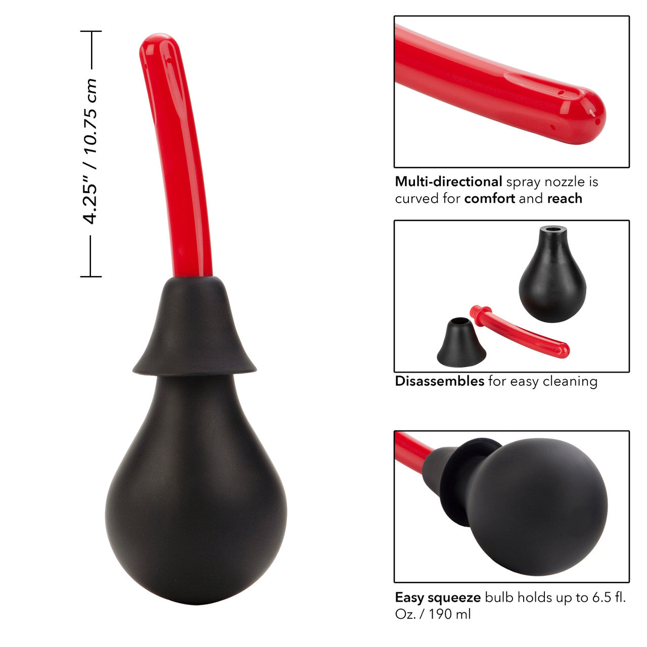 The Colt Ultra Douche by California Exotic Novelties features a sleek black bulb with a 10.75 cm curved red nozzle for deep cleaning and easy maintenance. Its multi-directional design and 190 ml capacity make it an ideal portable douche, with insets displaying disassembled parts for convenience.