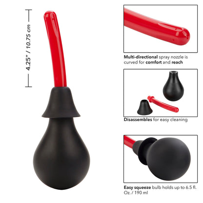 The Colt Ultra Douche by California Exotic Novelties features a sleek black bulb with a 10.75 cm curved red nozzle for deep cleaning and easy maintenance. Its multi-directional design and 190 ml capacity make it an ideal portable douche, with insets displaying disassembled parts for convenience.