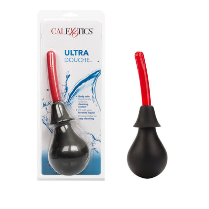 A portable black bulb with a red nozzle, labeled Colt Ultra Douche from California Exotic Novelties, is showcased with its packaging. The CalExotics package highlights the body-safe design and flexibility for a deep clean experience.