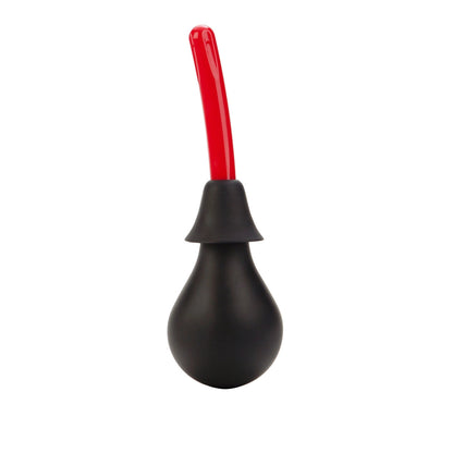 The Colt Ultra Douche by California Exotic Novelties features a black bulb syringe with a long, curved red nozzle for deep cleaning in medical or hygienic uses, showcased against a pristine white background.