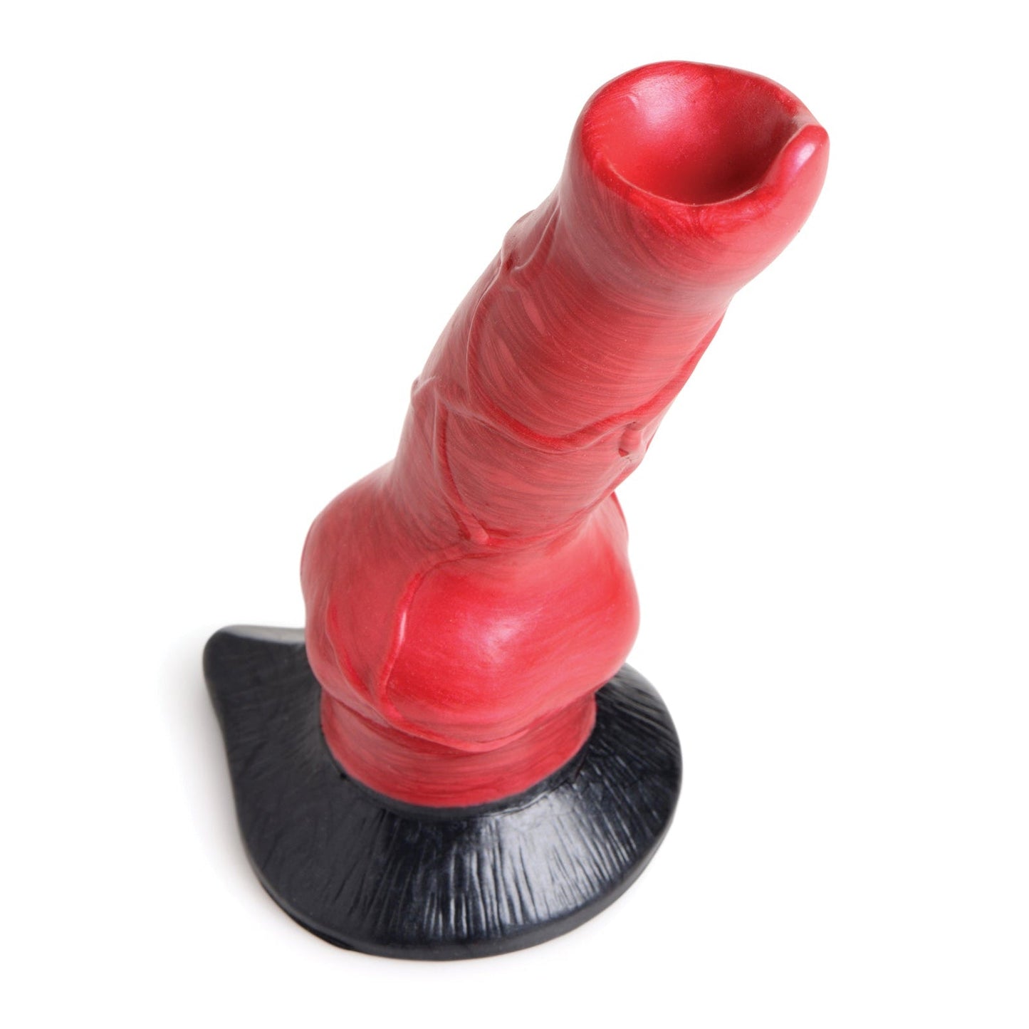 The Creature Cocks Hell-Hound Canine Penis Silicone Dildo by Creature Cocks features a red and black abstract shape with a textured silicone surface, a curved form, and a flat suction cup base for stability, ideal for harness-compatible use.