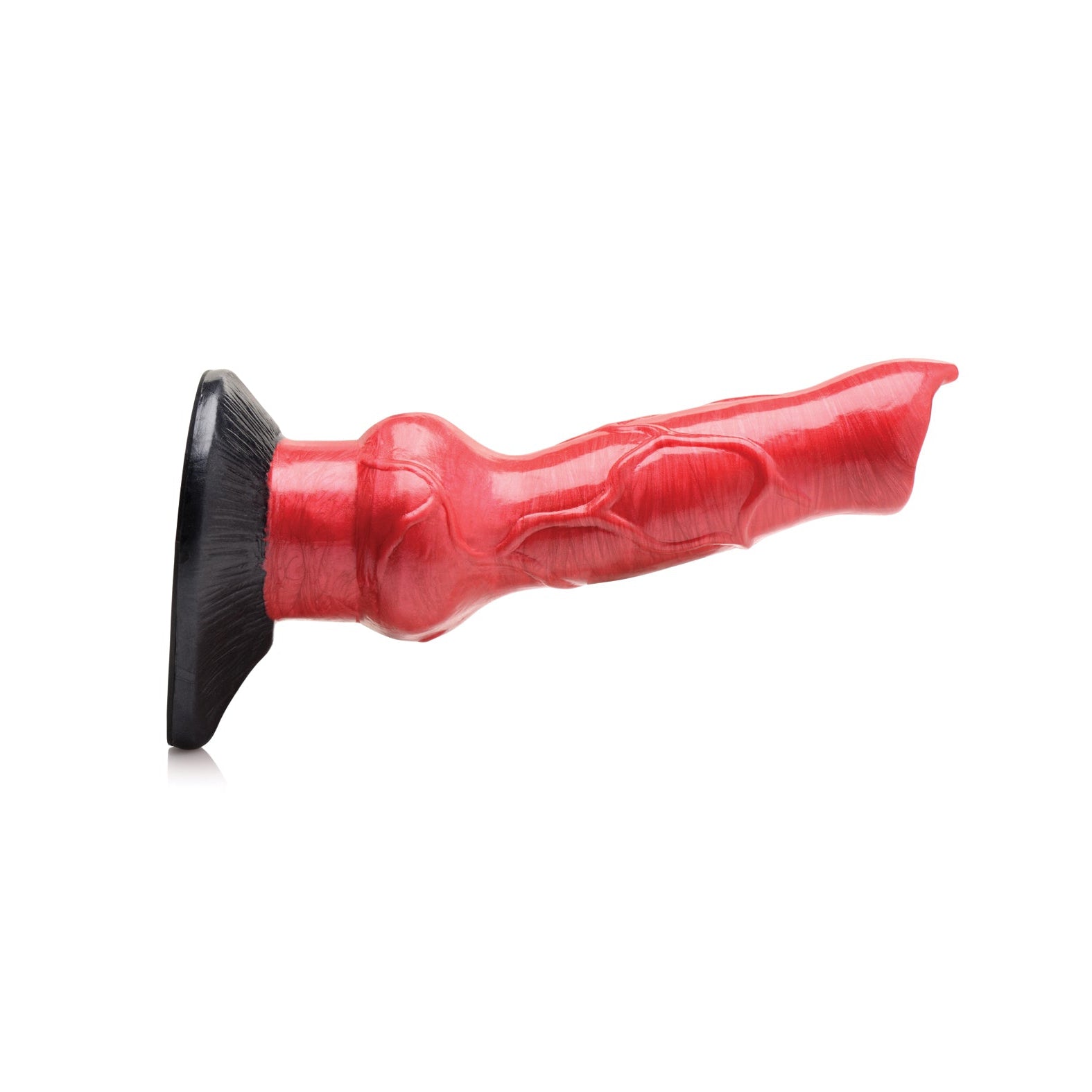 The Creature Cocks Hell-Hound Canine Penis Silicone Dildo features a red, intricately detailed design with a black suction cup base. Positioned horizontally against a white background, this artistic creation stimulates the imagination and creativity.