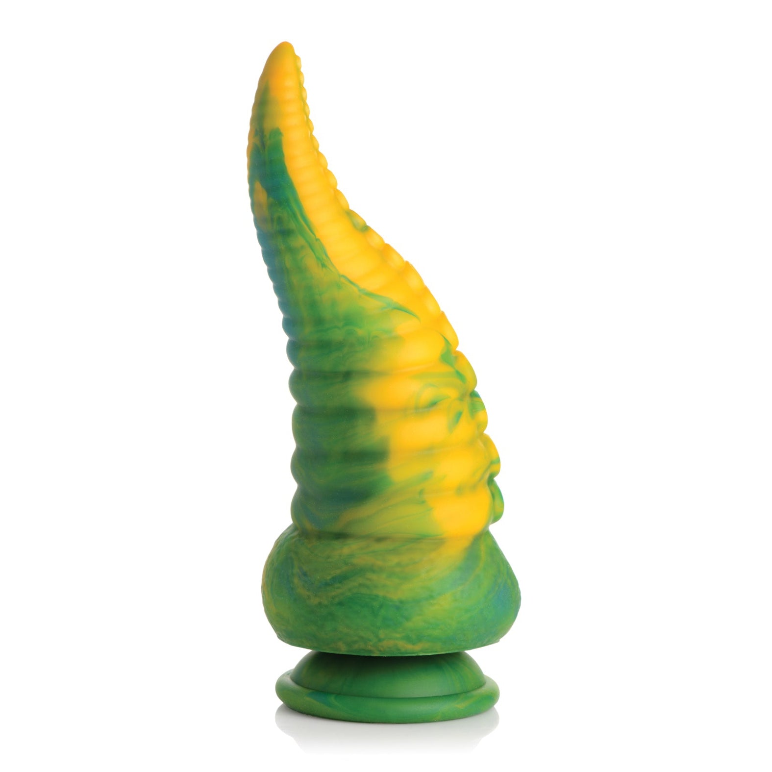 The Creature Cocks Monstropus Tentacled Monster Silicone Dildo by Creature Cocks is a green and yellow textured, scale-like silicone toy with a curved, tapered tentacle design that stands upright on a flat base for fantasy pleasure.
