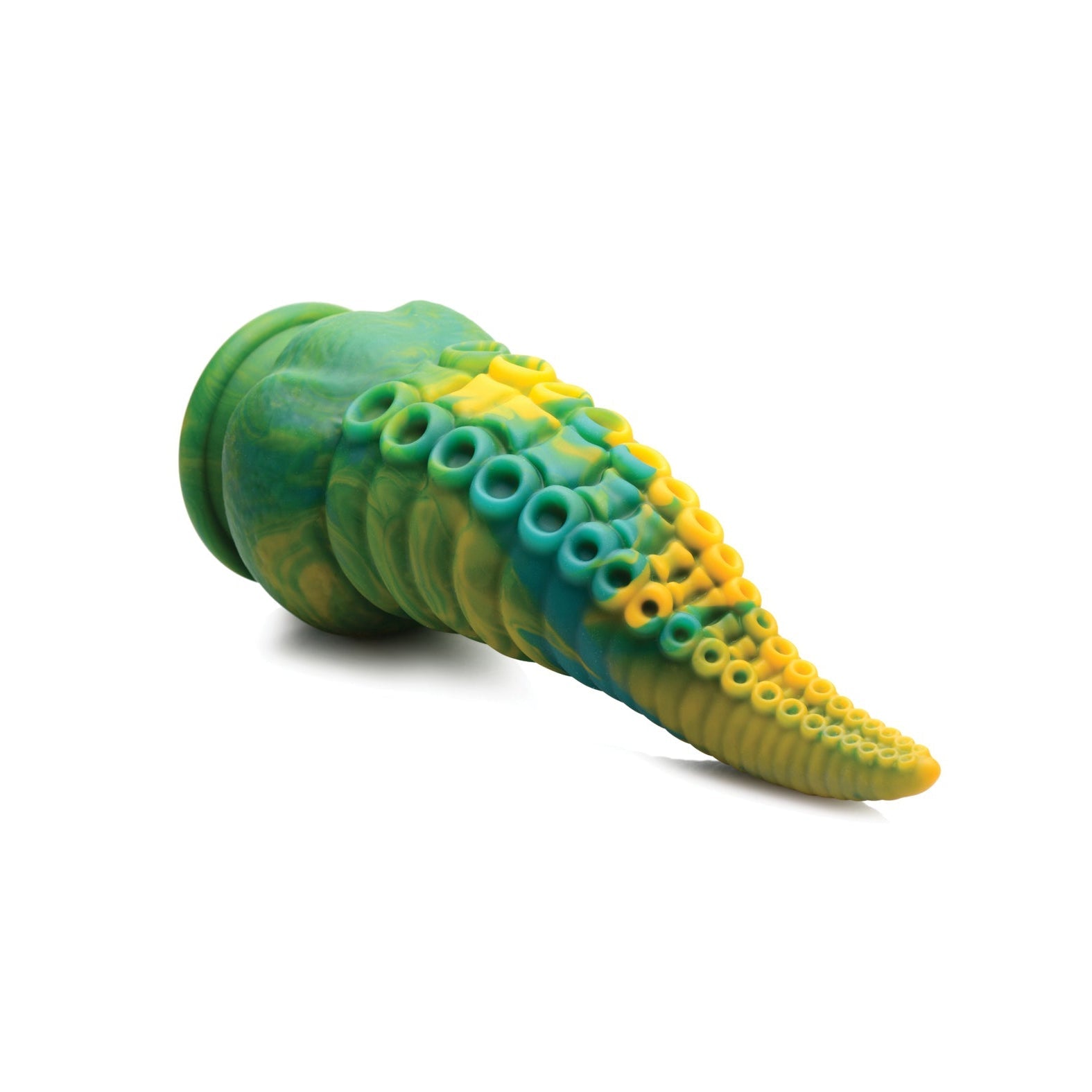 The Creature Cocks Monstropus Tentacled Monster Silicone Dildo, with its vibrant green and yellow swirls and suction cup-like shapes along its length, evokes a fantasy pleasure against a plain white background.