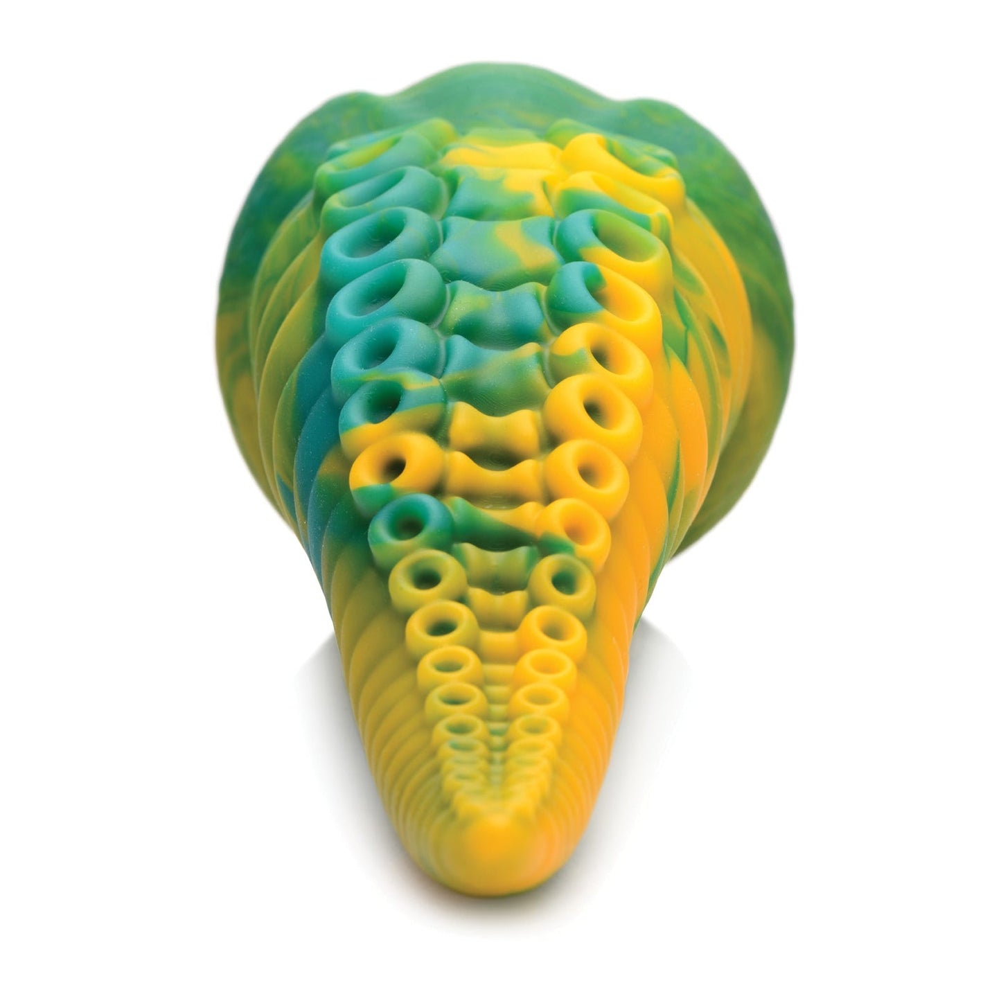 The Creature Cocks Monstropus Tentacled Monster Silicone Dildo by Creature Cocks is a colorful, tentacle-shaped toy with a smooth base and pointed tip. It features vibrant green, yellow, and blue hues with circular ridges for a textured fantasy experience.