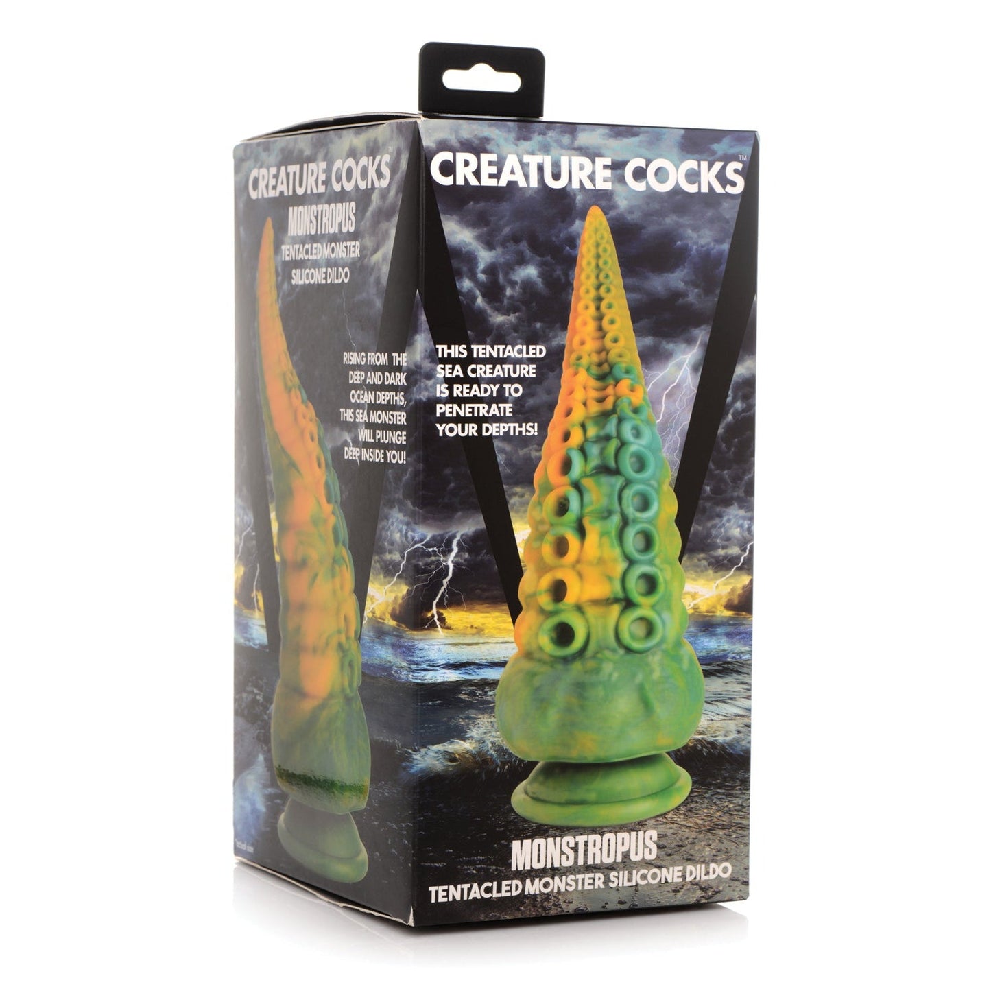 The product packaging for the Creature Cocks Monstropus Tentacled Monster Silicone Dildo features a vibrant green and orange silicone tentacle-shaped dildo against a backdrop of a dark, stormy sea, with text branding it as a tentacled monster.