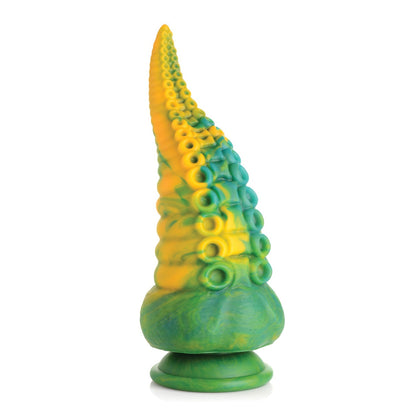 Creature Cocks Monstropus Tentacled Monster Silicone Dildo offers a unique fantasy experience with its green and yellow textured design, featuring circular protrusions along its length and a broad base for stability.
