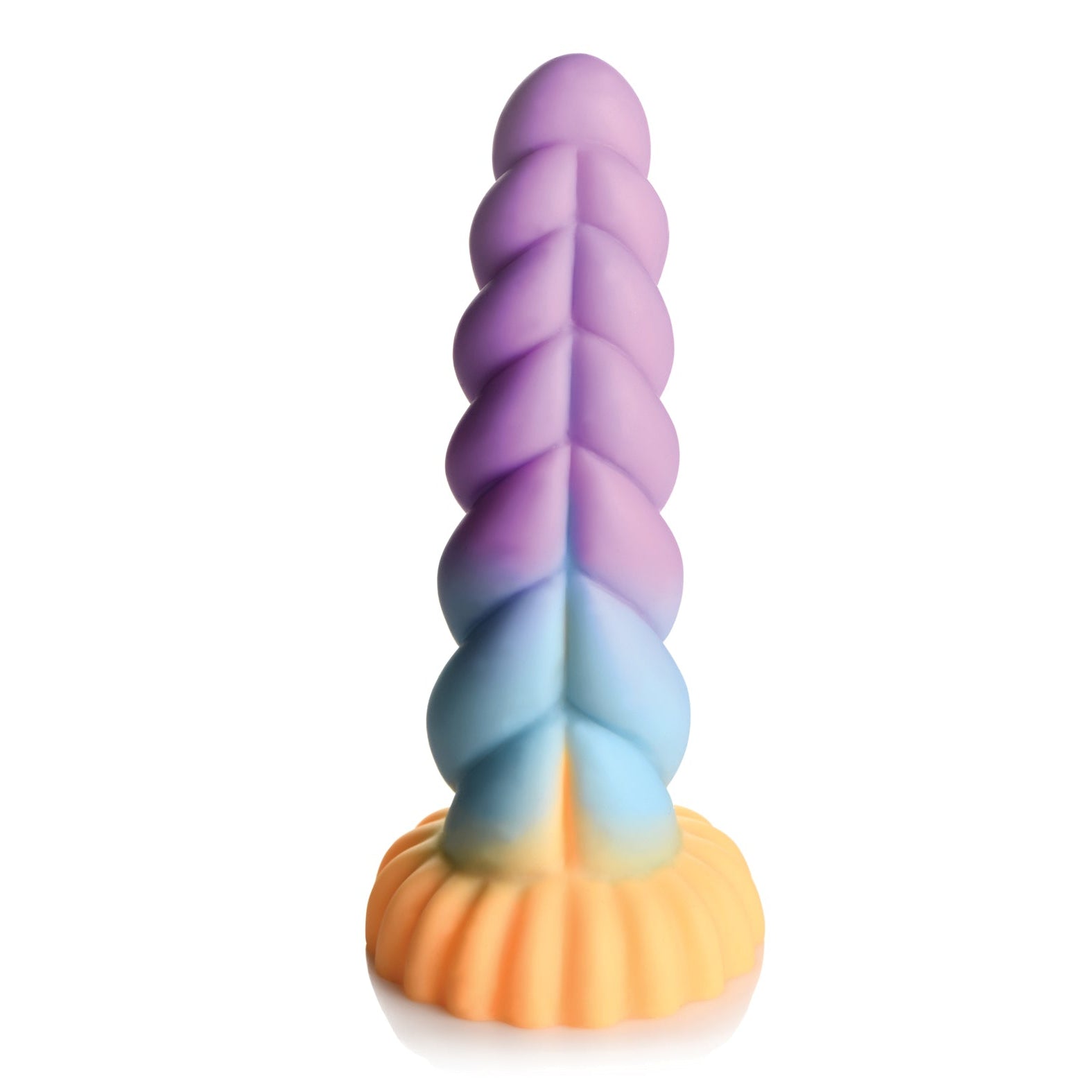 The Creature Cocks Unicorn Silicone Dildo by Creature Cocks features a pastel unicorn horn design in purple, blue, and pink hues, crafted from silicone. It stands upright on a flat circular base, combining aesthetic charm with whimsical delight.
