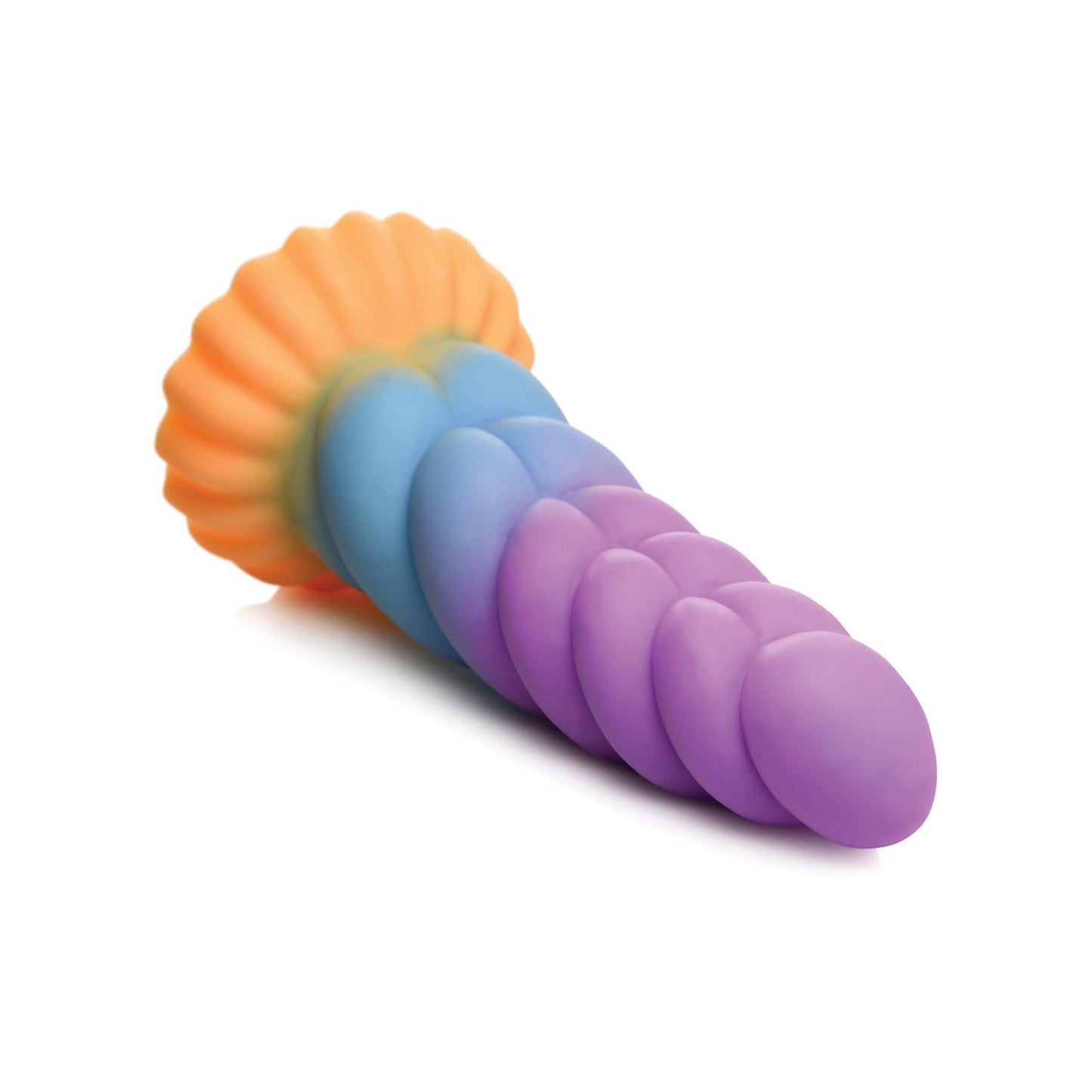The Creature Cocks Unicorn Silicone Dildo by Creature Cocks is a vibrant silicone toy featuring a textured, graduated design. It has an orange flower-shaped base and transitions through blue and purple hues, resembling a pastel unicorns mane.