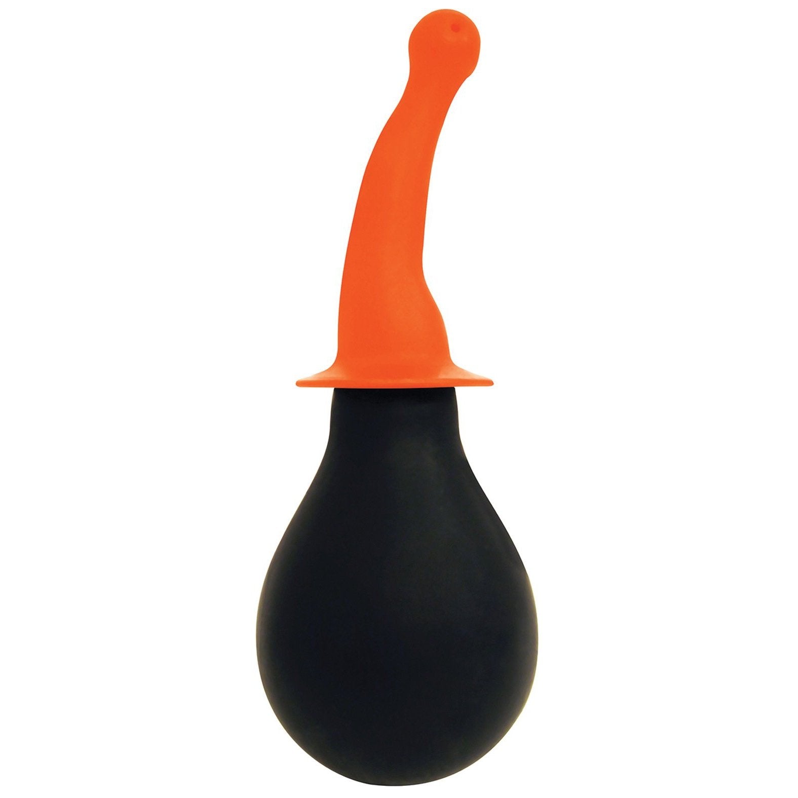 The Curve Novelties Rooster Tail Cleaner is a premium black bulb made from 100% silicone, featuring an orange ergonomic nozzle in an elegant curve, akin to a refined manual air pump or anal douche. The design suggests durable quality typical of Curve Novelties craftsmanship.