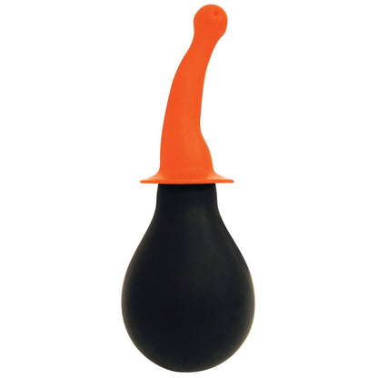 The Curve Novelties Rooster Tail Cleaner is a premium black bulb made from 100% silicone, featuring an orange ergonomic nozzle in an elegant curve, akin to a refined manual air pump or anal douche. The design suggests durable quality typical of Curve Novelties craftsmanship.