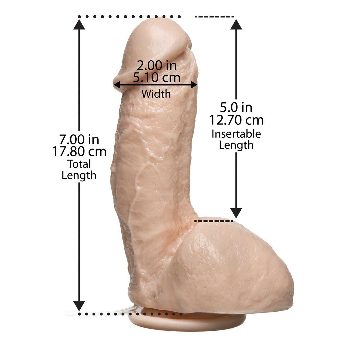 An image of Doc Johnsons Squirting Realistic Cock with Splooge Juice, a phthalate-free, beige lifelike dildo with realistic balls. It features a total length of 7 inches (17.80 cm), insertable length of 5 inches (12.70 cm), width of 2 inches (5.10 cm), and can stand upright on a flat surface.
