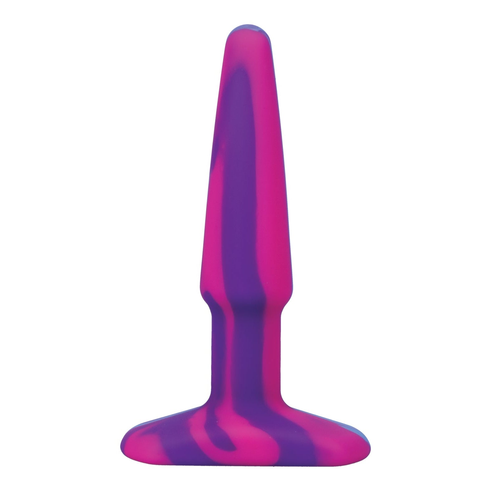 The A Play 5 Groovy Silicone Anal Plug, crafted from health-grade silicone, features vertical pink and purple stripes. Its tapered shape and flat base provide style and comfort.
