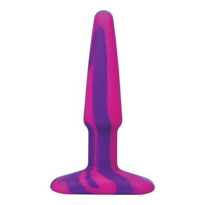 The A Play 5 Groovy Silicone Anal Plug, crafted from health-grade silicone, features vertical pink and purple stripes. Its tapered shape and flat base provide style and comfort.