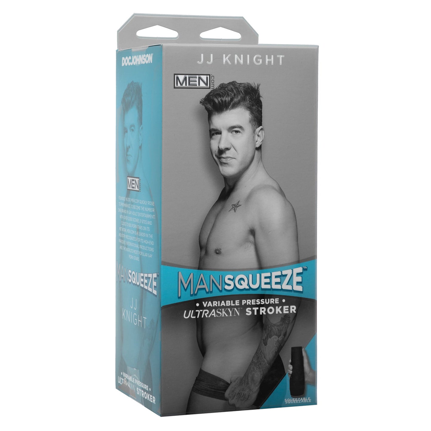 The packaging for Doc Johnsons Man Squeeze ULTRASKYN Ass Stroker - JJ Knight features a grayscale image of a person in underwear with blue accents, showcasing features such as variable pressure and the ULTRASKYN stroker for an unparalleled experience.