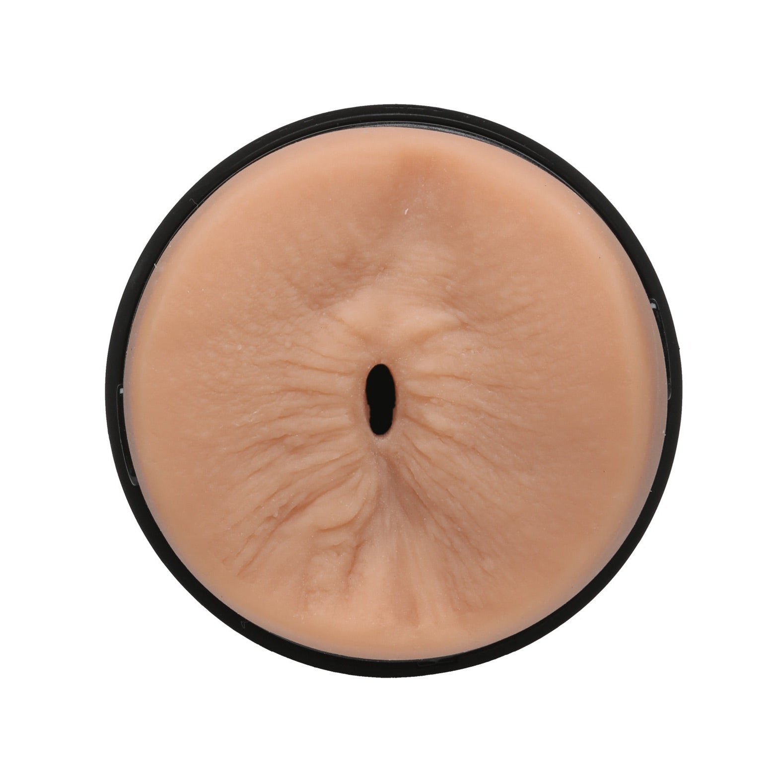 A detailed look at the beige ULTRASKYN Ass Stroker from Doc Johnsons JJ Knight Man Squeeze collection, featuring a cylindrical design with a skin-like textured surface, central opening, and enclosed in a black circular frame.