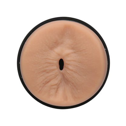 A detailed look at the beige ULTRASKYN Ass Stroker from Doc Johnsons JJ Knight Man Squeeze collection, featuring a cylindrical design with a skin-like textured surface, central opening, and enclosed in a black circular frame.