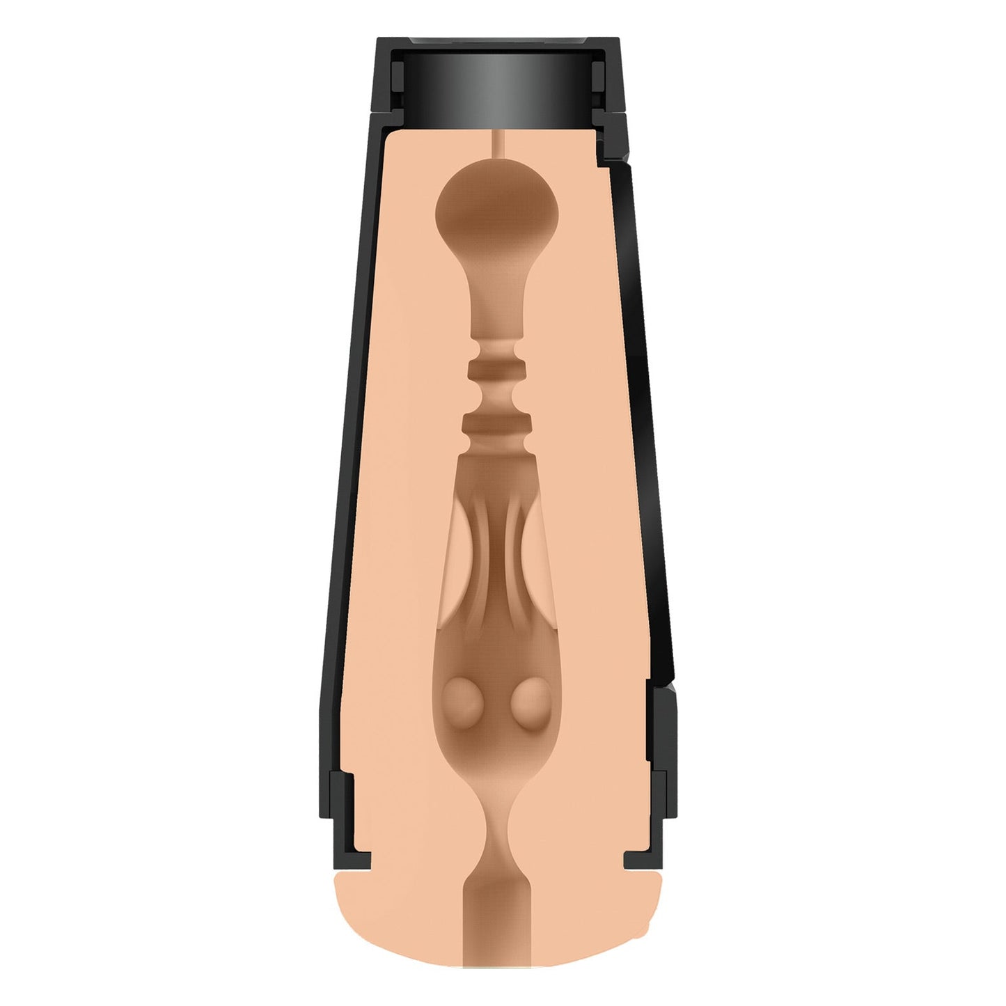 A depiction of the Man Squeeze ULTRASKYN Ass Stroker - JJ Knight by Doc Johnson, showing a hollow cylinder with a stylized ULTRASKYN interior and black shell.